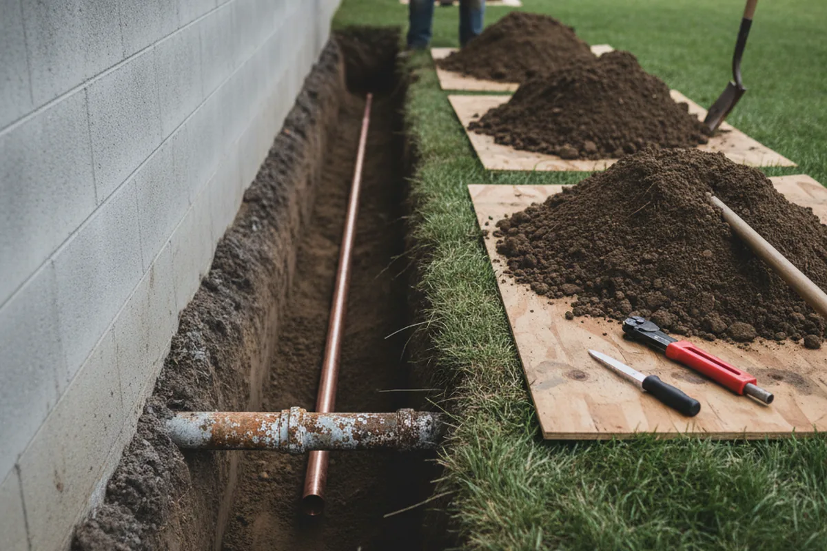 Excavated water line trench during Sewer Line Repair in Eighty Four
